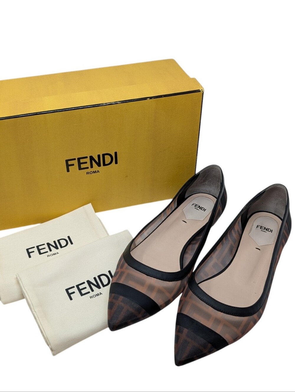 Fendi Colibri FF Logo Pointed Mesh Skimmer Ballerina Ballet Flats Size EU 40.5